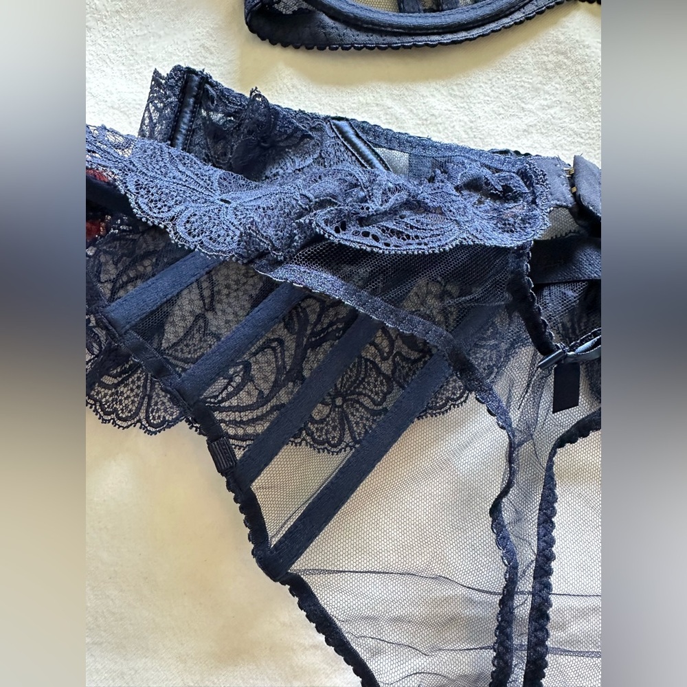 NWT Agent Provocateur Rozlyn Navy Balconette and Garter Thong Set 38E & 6 Rare - Picture 13 of 17
